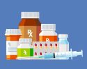 Illustration of prescription bottles, a vial and a syringe.