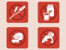 Four illustrations of wheat, milk, nuts and fish/shellfish within "no" symbols.