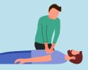Illustration of a man performing CPR on another man.