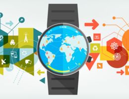 Stylized graphic of a smartwatch and related icons
