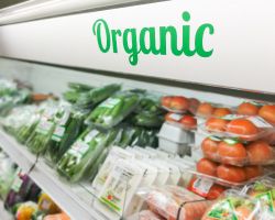 Organic fruits and vegetables in a grocery store.