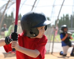 A boy with a baseball bat getting ready for the pitch