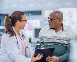 An older man talks with a smiling doctor.