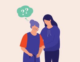 Illustration of a young woman helping a confused older woman.