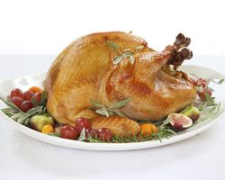 A cooked turkey on a serving platter.