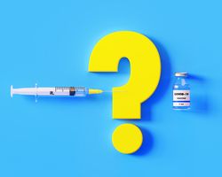 A syringe, a yellow question mark and a COVID-19 vaccine vial on a blue background.