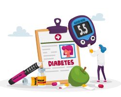 An illustration of a woman holding a glucose meter amid an array of giant diabetes equipment