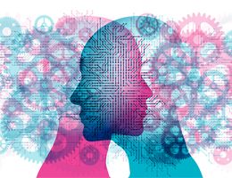 Silhouettes of two heads surrounded by gears. Illustration.