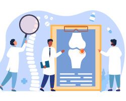 Cartoon doctors examine giant bones