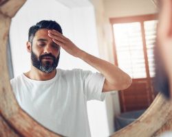 Mirror reflection of a man with his eyes shut and hand to his forehead.