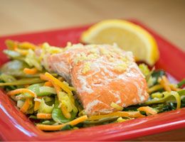 Oven-baked salmon with snow peas.