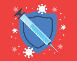 Illustration of a syringe crossing a blue shield. COVID-19 molecules surround the image.