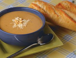 Bowl of cauliflower and roasted garlic soup.