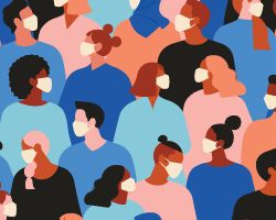 A crowd of people wearing face masks. Illustration.