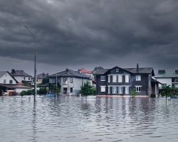 A street of houses in high floodwater.