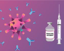 An illustration of a monoclonal antibody, a vial that would contain the shot and a needle.