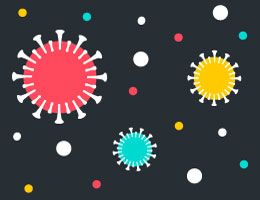 Coronaviruses and colored dots on a black background. Illustration.
