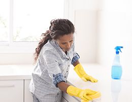 A woman cleaning her kitchen counters. 