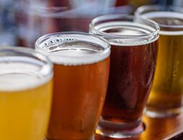 Glasses of different colored beers lined up in a row.