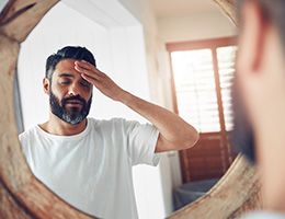 A man with his eyes closed, touching his forehead.