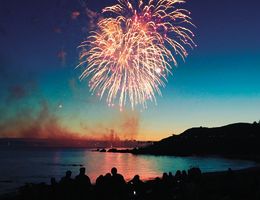 Fireworks display over water.