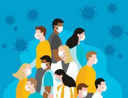A group of people wearing face masks. Illustration.
