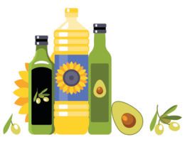 Healthy oils and an avocado.