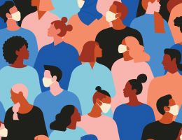 A crowd of people, some masked, some unmasked. Illustration.