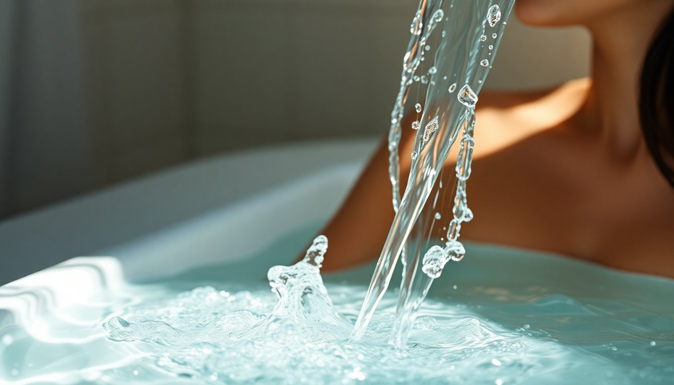 Acqua cristallina pura che scorre da una doccia filtrata, capelli lucidi e sani