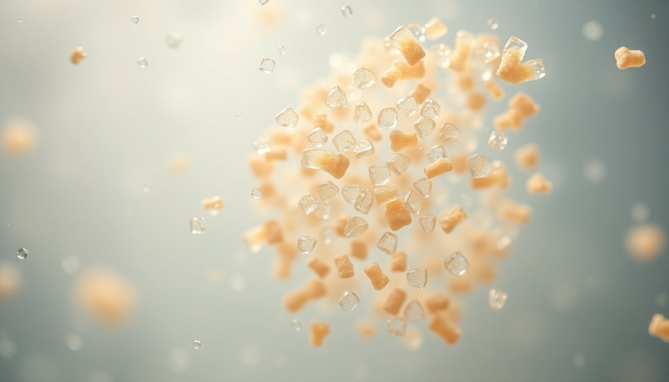 Particelle di microplastica in acqua, close-up scientifico con ingrandimento, stile editoriale minimalista