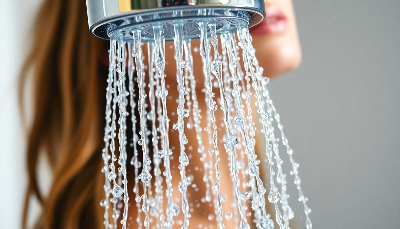 Acqua cristallina e pura che scorre da soffione doccia, pelle luminosa e capelli brillanti, stile lifestyle benessere