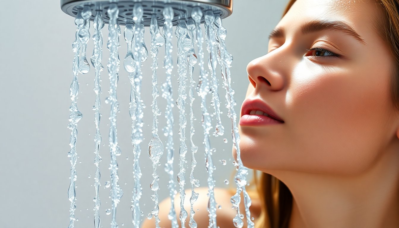 Acqua cristalline pura che scorre con effetto benefico su pelle luminosa e capelli setosi lucenti