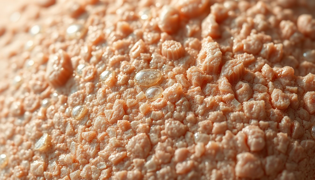 Close-up della pelle secca e irritata causata da acqua dura, con focus su texture ruvida e rossore