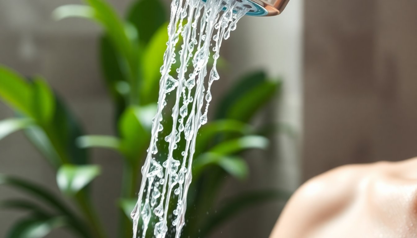 Acqua cristallina filtrata che scorre dalla doccia, gocce pure di luce, ambiente spa pulito