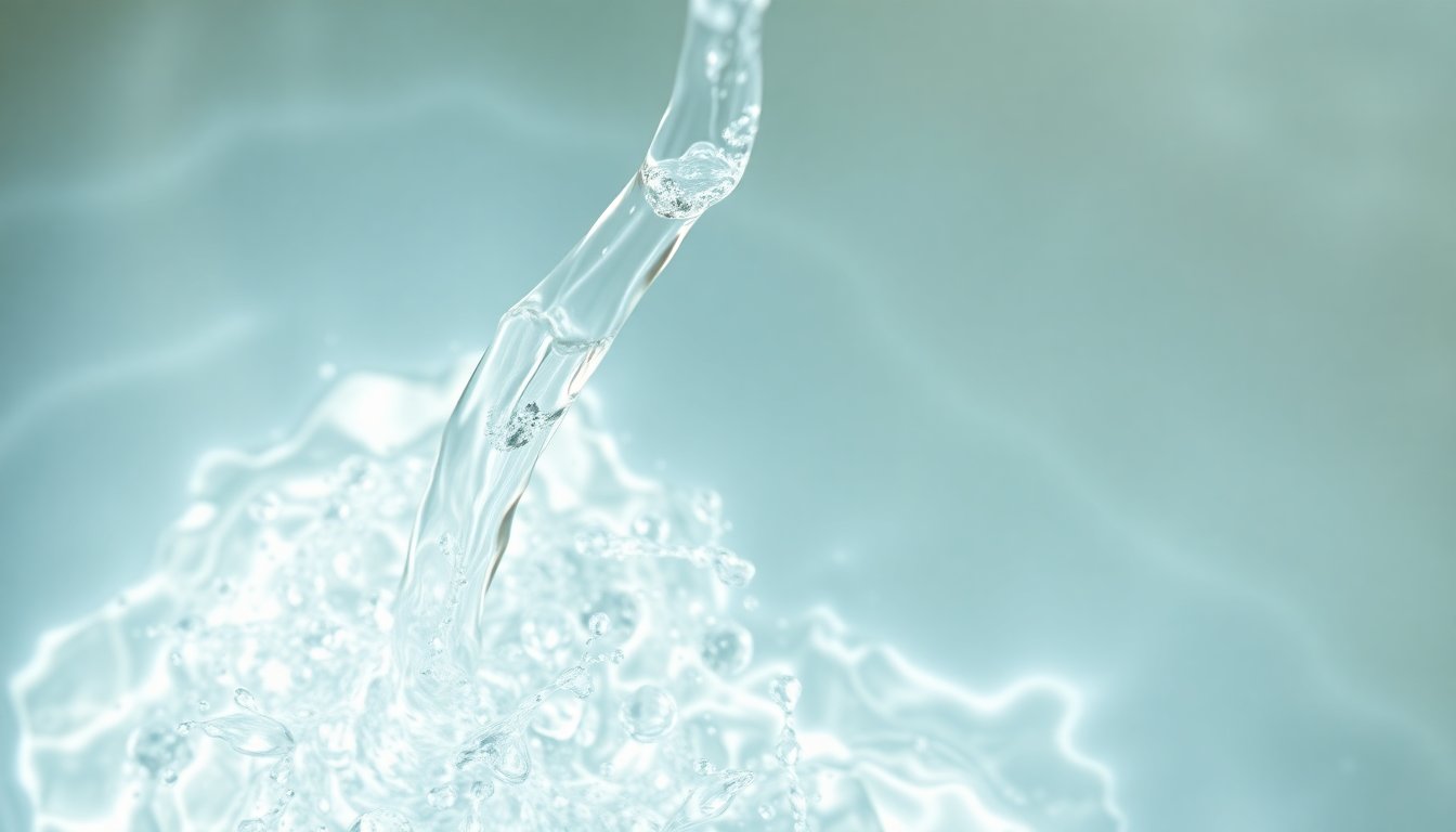 pelle luminosa idratata e sana, texture uniforme e compatta, acqua cristallina pura sullo sfondo