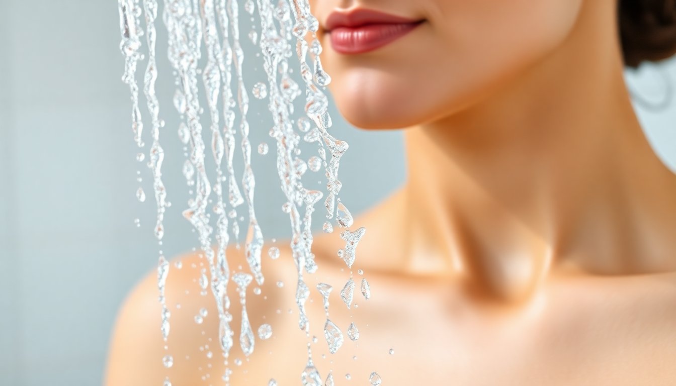 Getto di acqua cristallina filtrata, pelle levigata e luminosa, gocce di acqua pura su superficie liscia