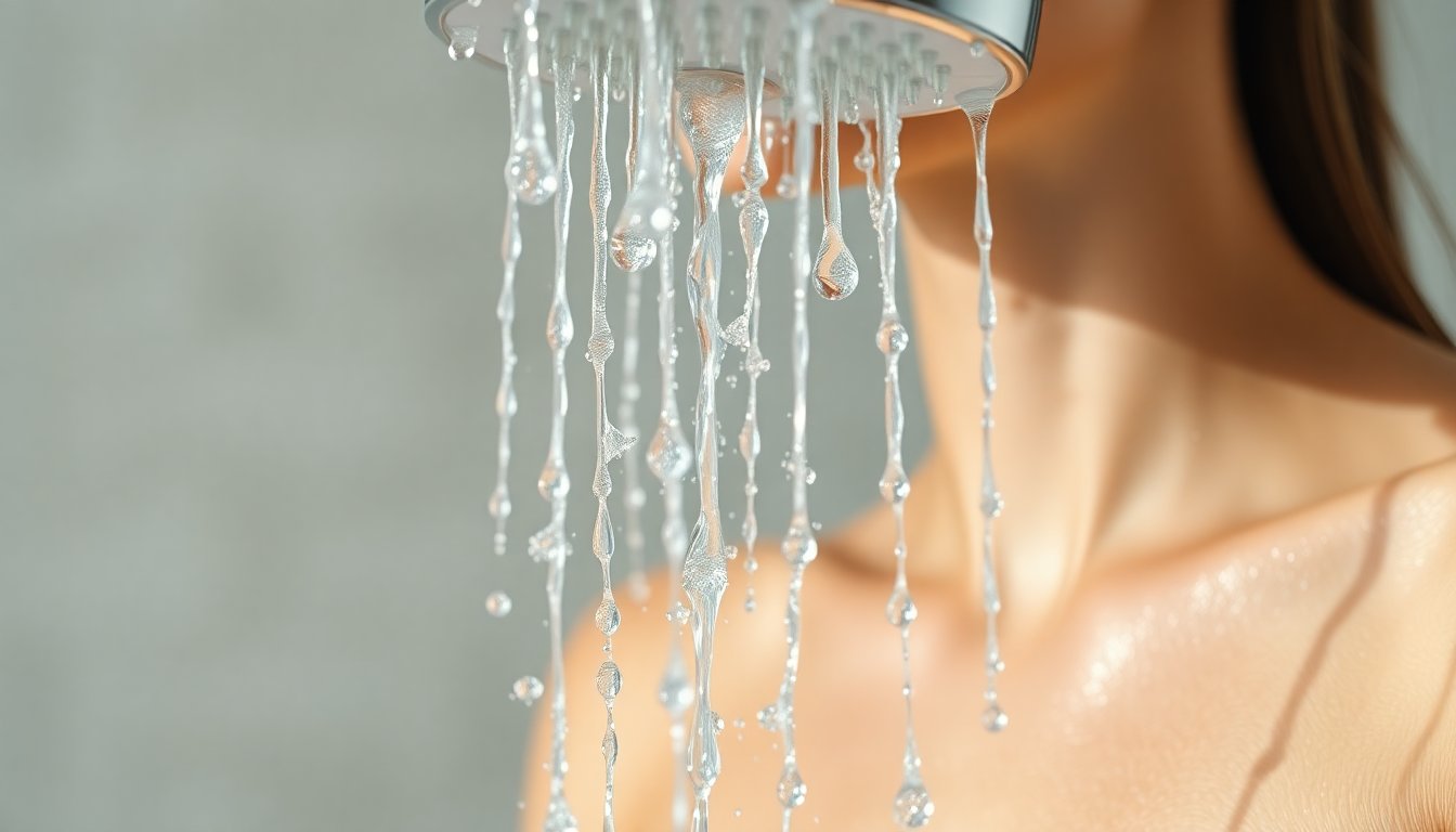 acqua cristallina pura che scorre, texture liscia della pelle sana, capelli lucidi e forti, benessere wellness