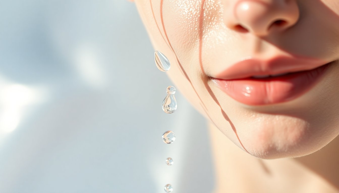 pelle luminosa e idratata dopo trattamento con acqua filtrata, texture liscia e radiante, texture turgida e salubre, wellness lifestyle clean water droplets