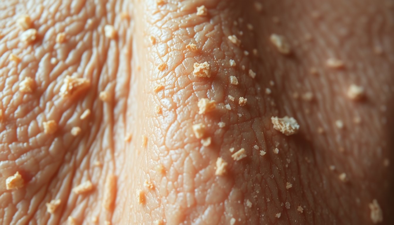 close-up di pelle secca e irritata dopo doccia, texture opaca e disidratata