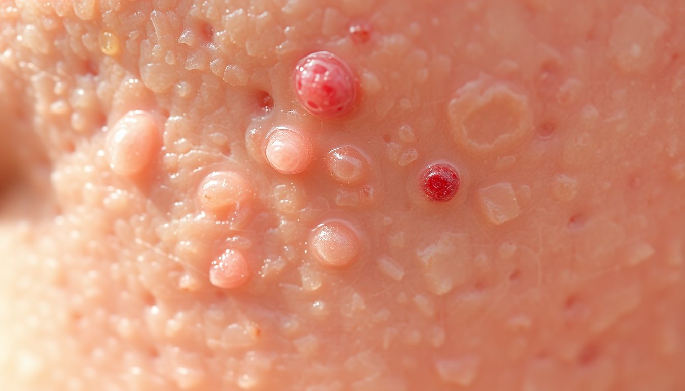 Close-up della pelle infiammata con acne causata da acqua calcarea, texture irregolare dei pori ostruiti