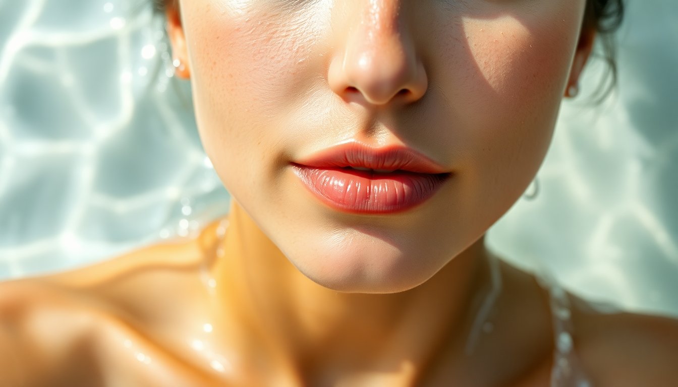 Acqua cristallina e pura che scorre gently, pelle sana e luminosa, benefici della filtrazione multistadio