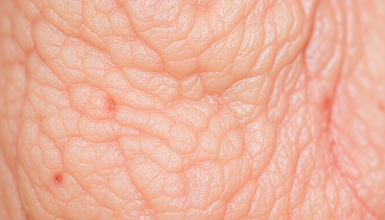 Close-up della pelle opaca con depositi di calcare visibili sulla superficie epidermis, texture ruvida, incarnato spento e senza luminosità