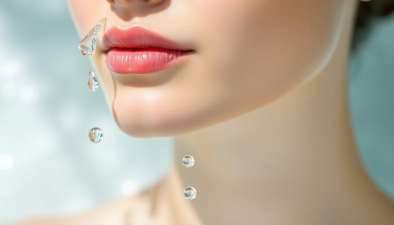 Pelle luminosa e idratata dopo trattamento, texture morbida e uniforme, gocce di acqua pura, illuminazione wellness