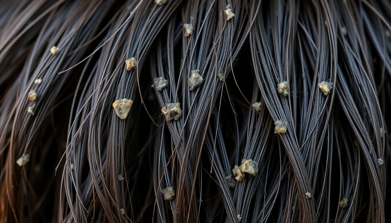 Close-up di capelli danneggiati da calcare con texture ruvida e opaca sotto luce naturale