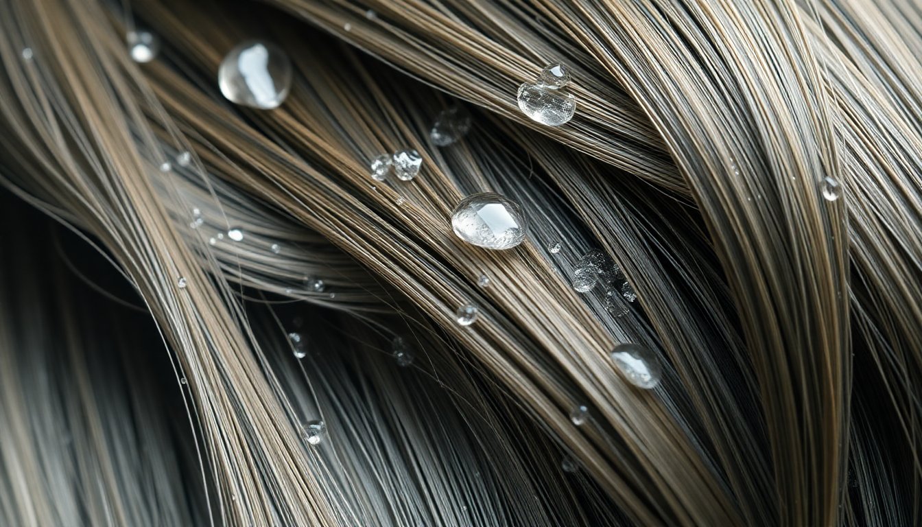 Capelli lucidi e sani su pelle idratata con gocce di acqua filtrata pura, close-up texture vitale