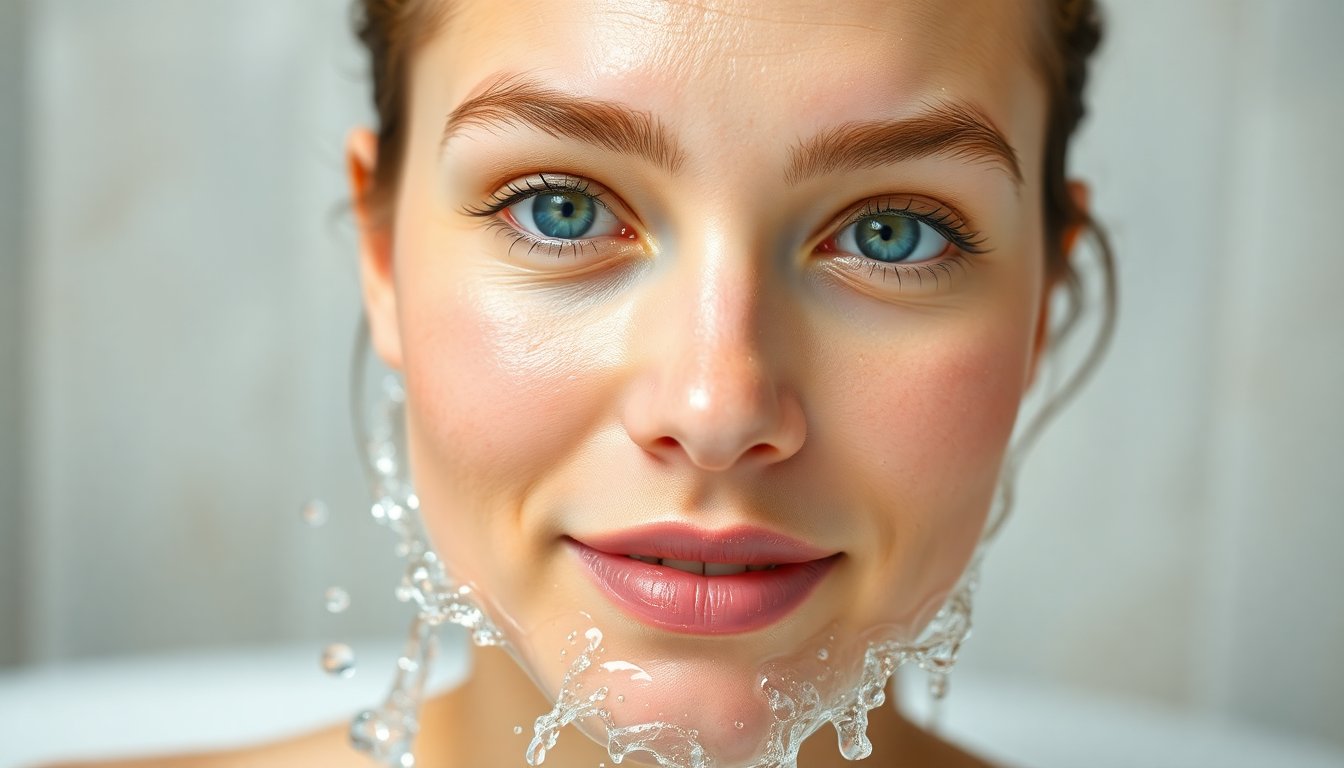 Pelle luminosa e idratata dopo trattamento con acqua filtrata, texture liscia e luminosa, stile lifestyle wellness