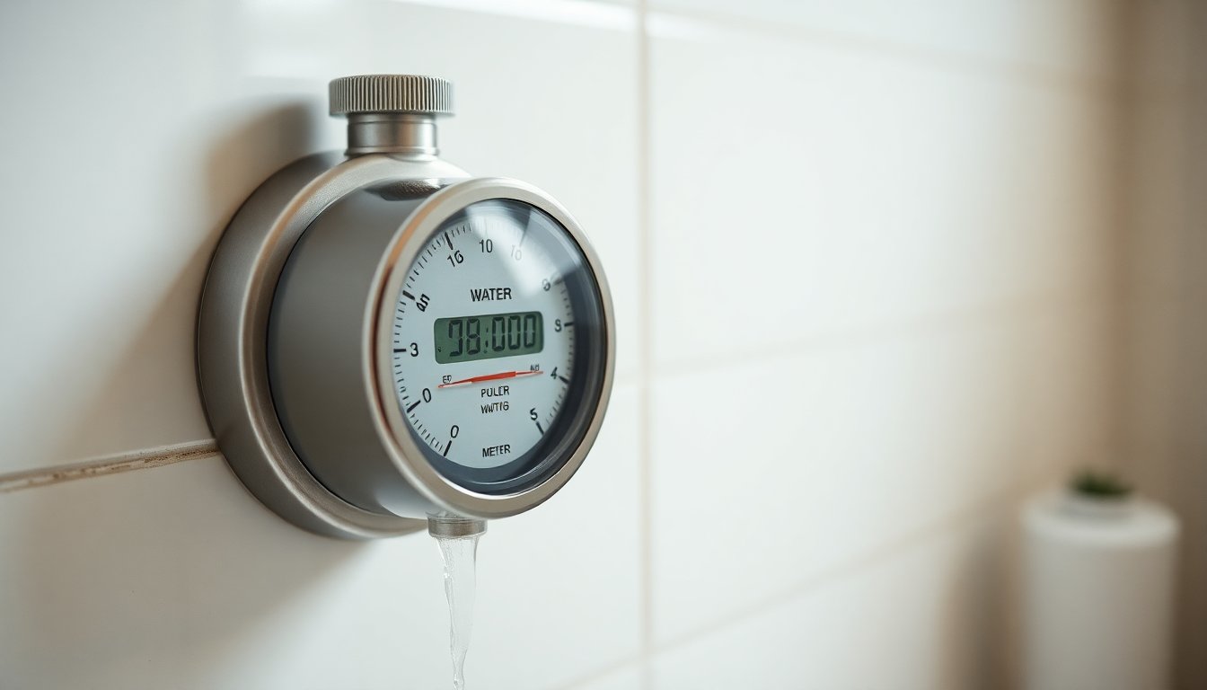 persona sotto doccia con misurazione del flusso d'acqua, contatore litri, ambiente bagno moderno