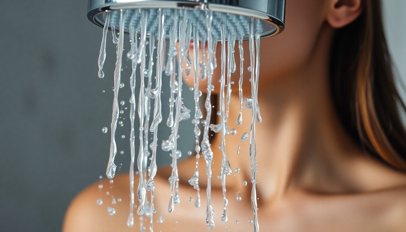 soffione doccia con filtri multistadio, acqua cristallina che scorre, pelle e capelli sani, luce naturale soft