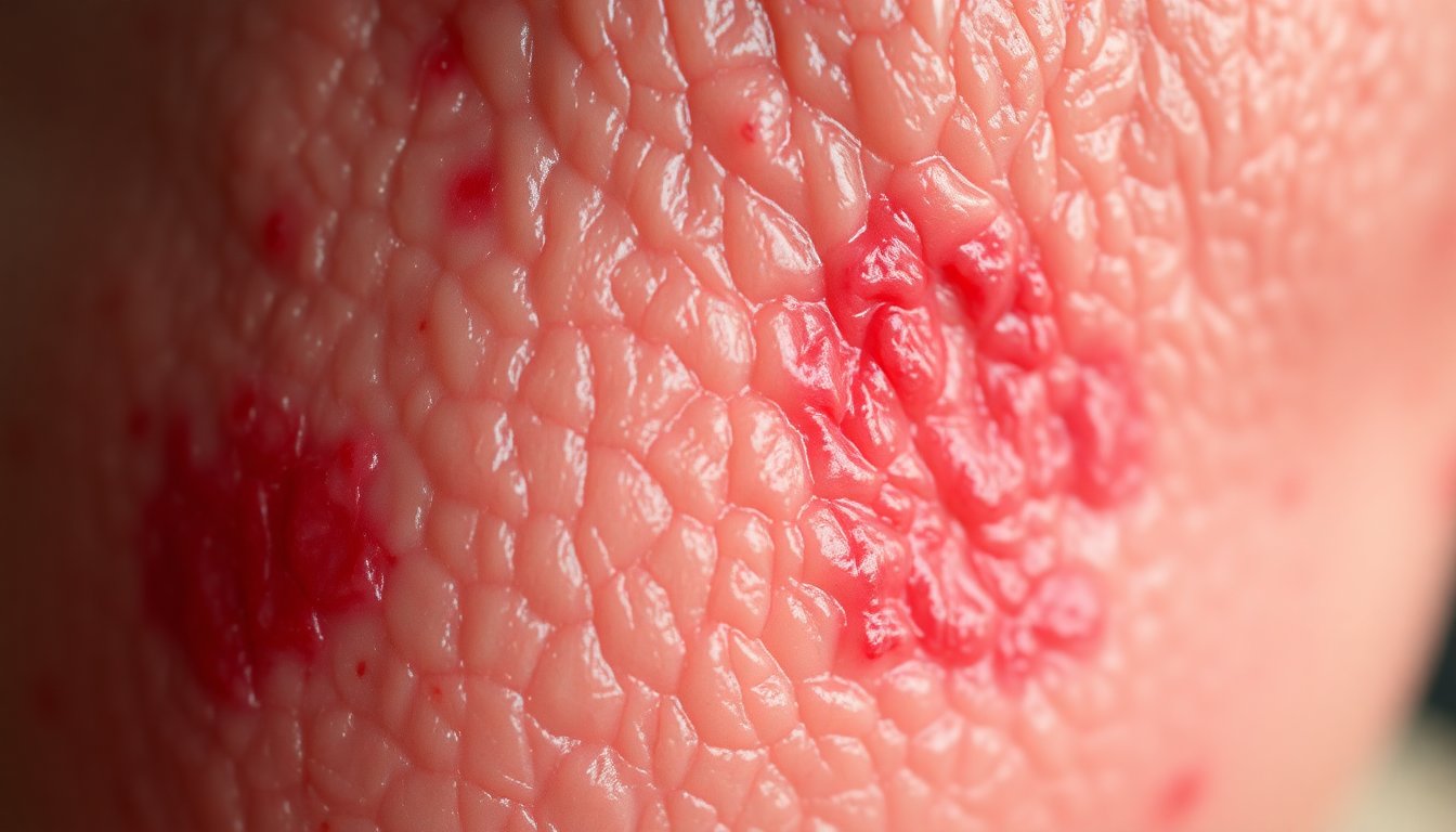 Pelle irritata e danneggiata con rossore e secchezza causati dall'acqua dura, macro fotografia dermatologica