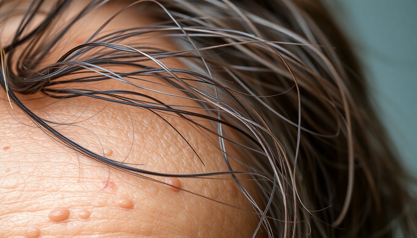 close-up di pelle irritata e capelli secchi dopo esposizione a acqua ricca di solfati, texture opaca e danneggiata